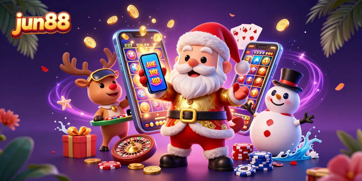 Experience the thrilling world of jun88 casino with Santa and friends celebrating jackpots.
