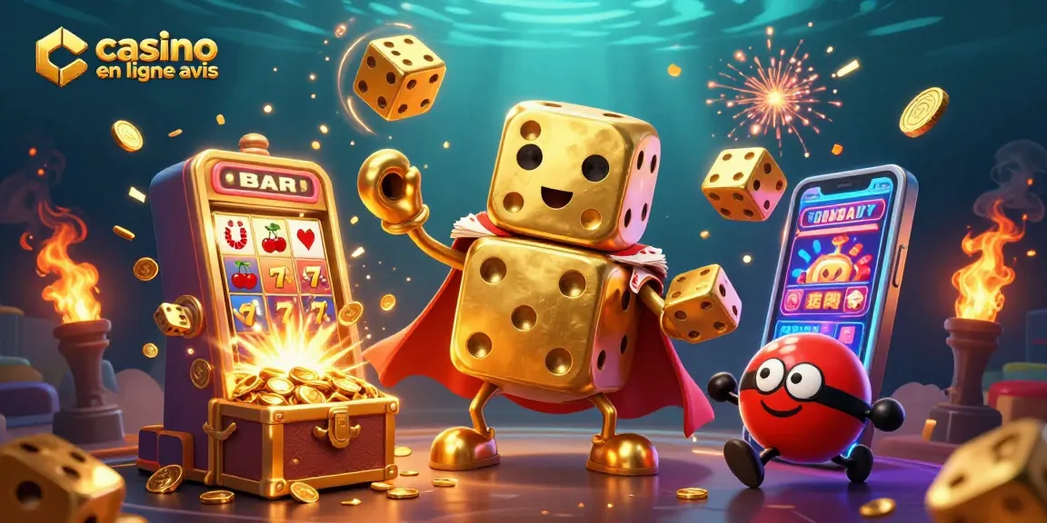 Analysez les critiques de casino en ligne avis avec une scène dynamique et colorée.