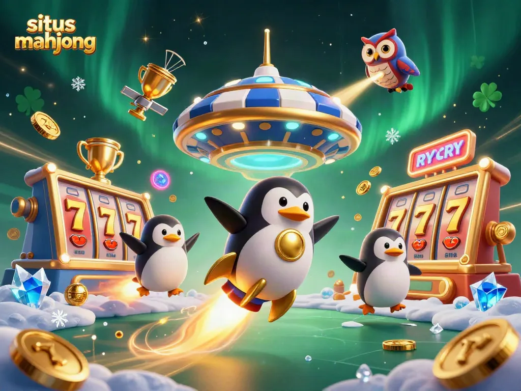 Experience the thrilling excitement of situs mahjong with a dynamic casino scene featuring a golden penguin and slot elements