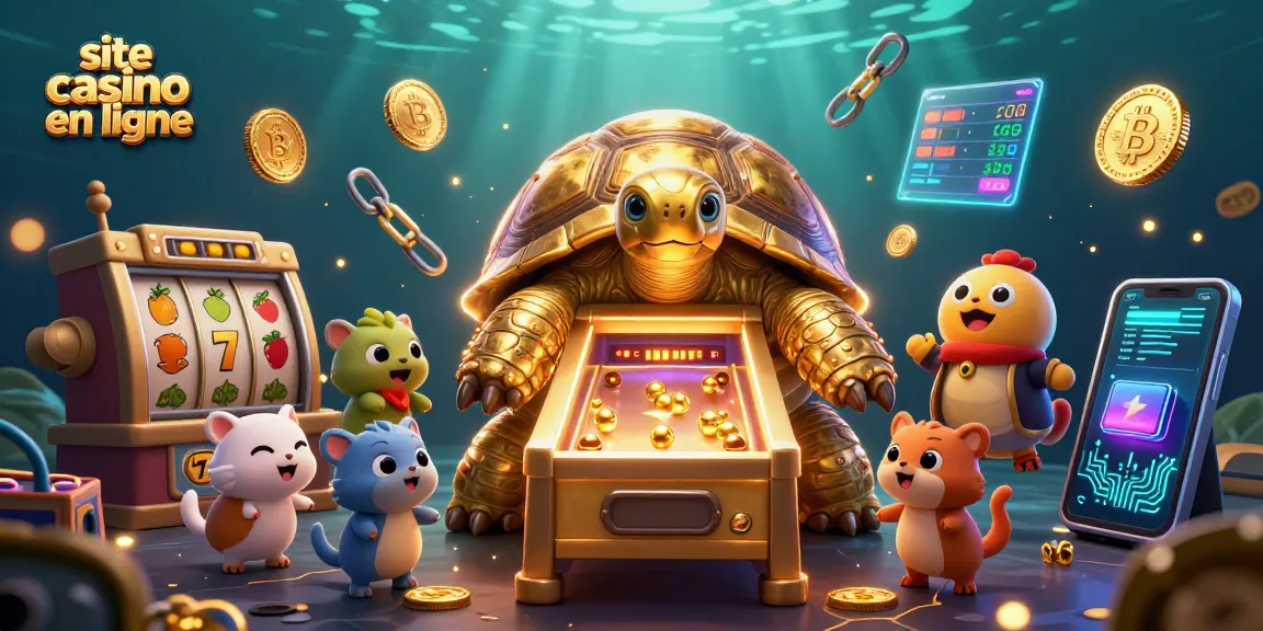 Visitez un site casino en ligne avec une illustration dynamique de machines à sous et de crypto-monnaies.