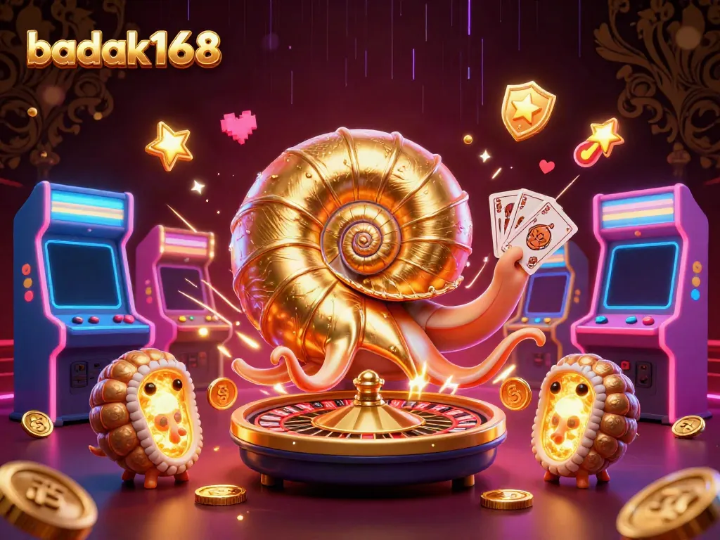Gambarkan gameplay menarik di platform Badak168 dengan karakter 3D dan elemen kasino.
