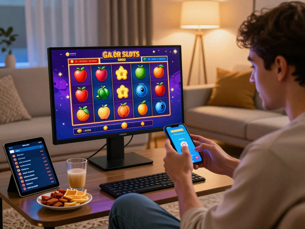 Player engaging with gacor slot game on smartphone in a cozy home setting with vibrant colors and snacks.