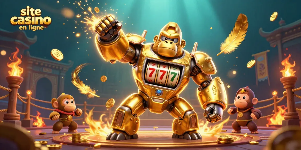 Visuel animé de jeu sur un site de casino en ligne mettant en scène un gorille mech en or avec des symboles de machine à sous.