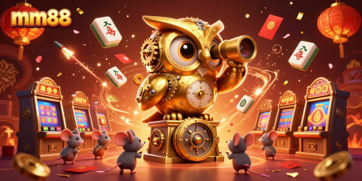 Engage with mm88's captivating casino scene featuring a golden owl and whimsical slot machines.