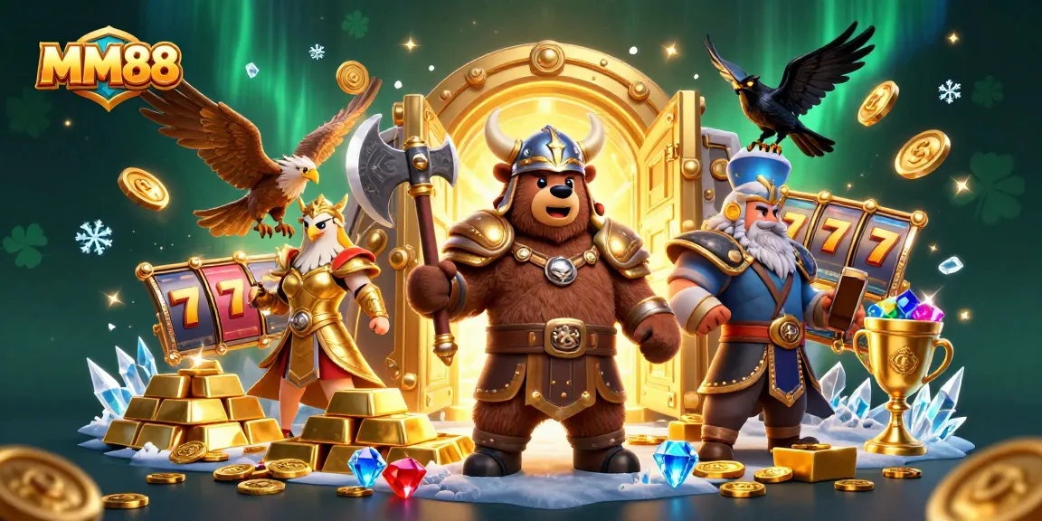 Experience excitement with MM88 in this vibrant scene showcasing rich casino treasures and characters.