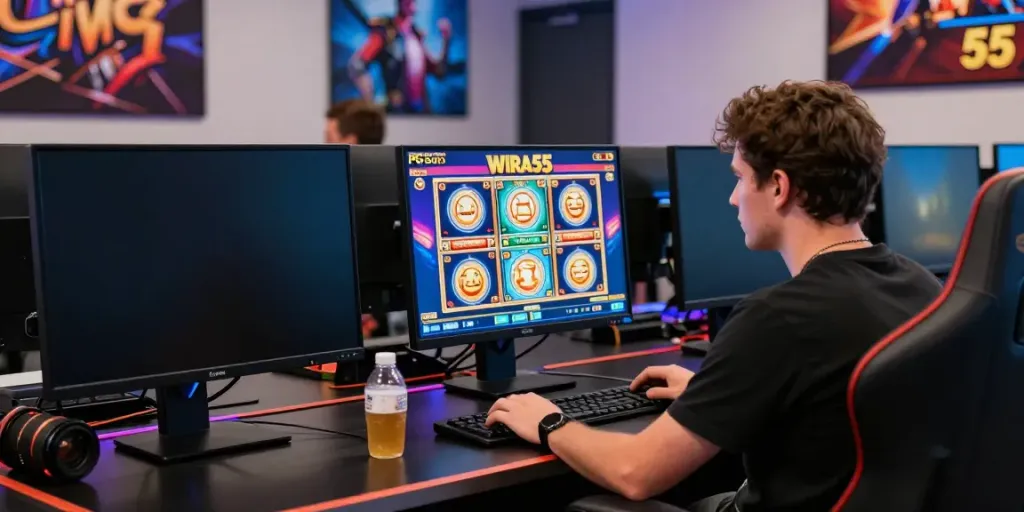 A thrilling gaming scene featuring WIRA55, showcasing a player engaging with multiple vibrant slot games in a modern gaming room.
