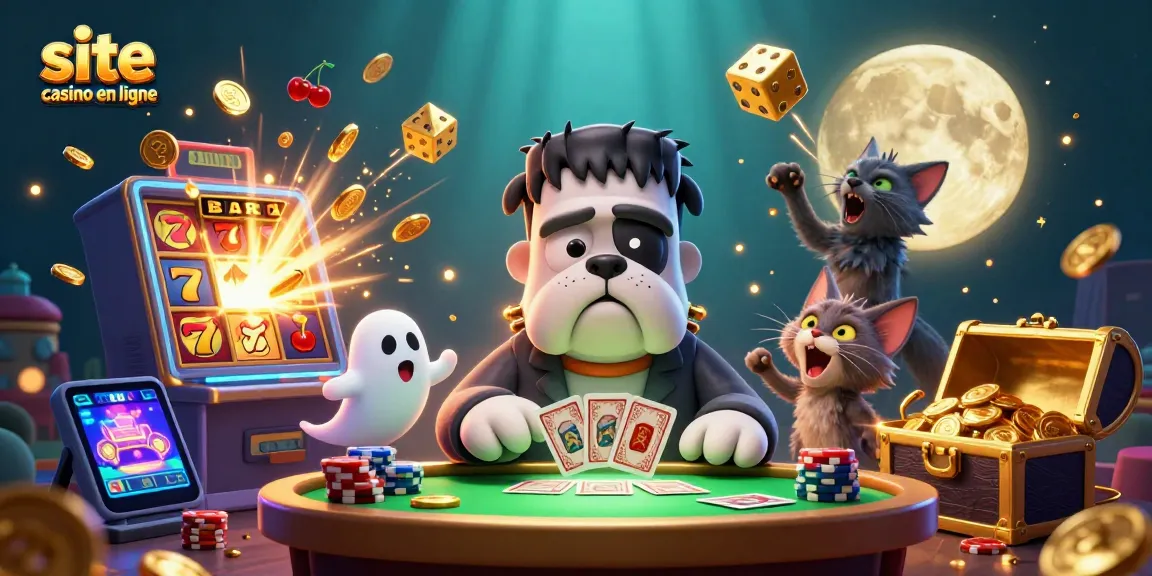 Ce site casino en ligne présente une illustration remplie de jeux et de personnages captivants dans un décor animé.