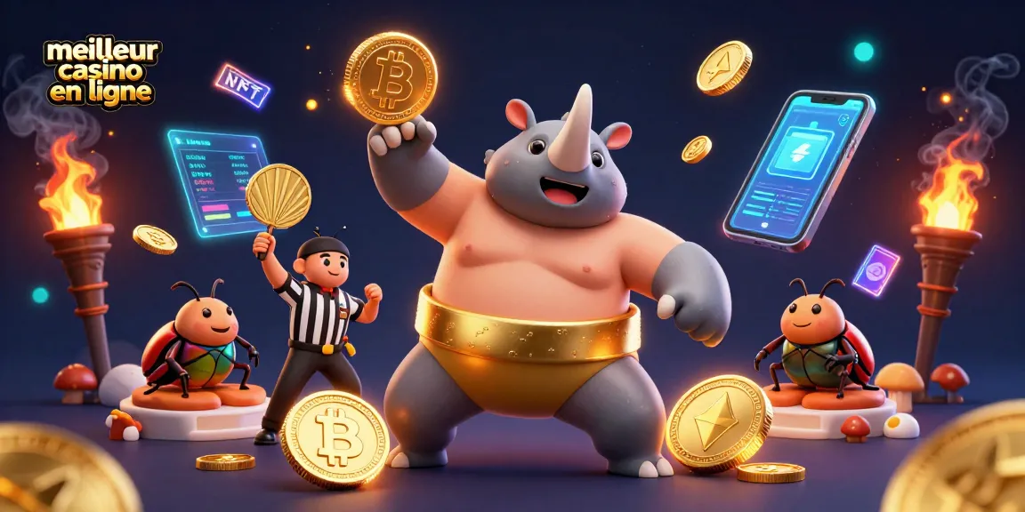 Visuel dynamique du meilleur casino en ligne avec des personnages de scarabées et des éléments de crypto-monnaie.