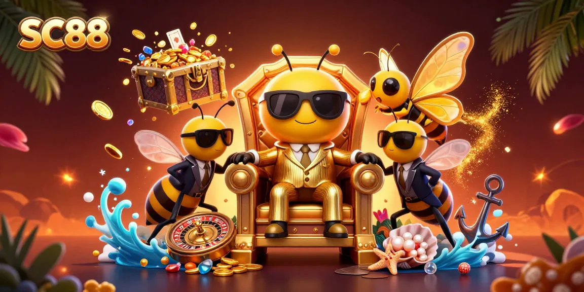 SC88 casino promotional scene featuring a cartoon bumblebee mob boss among vibrant gaming elements.