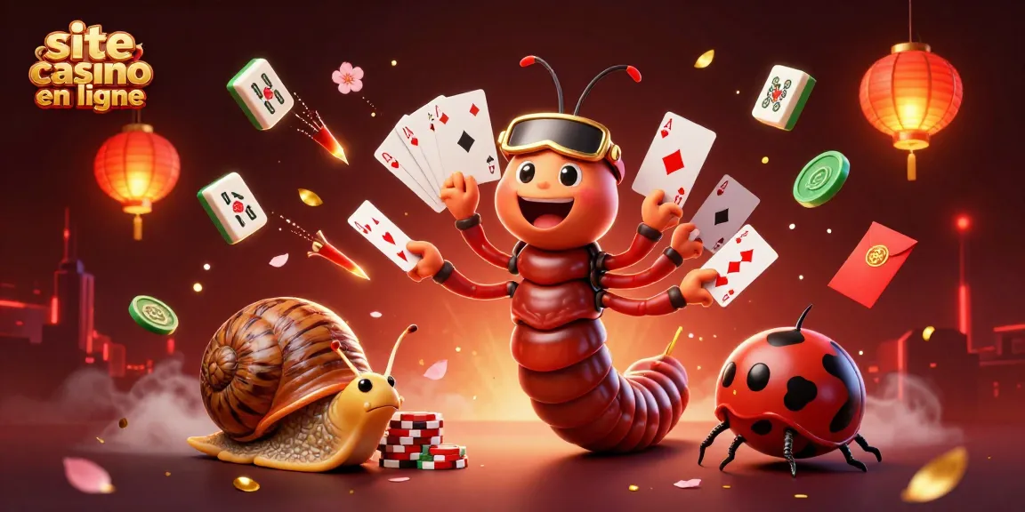 Jetons et cartes dans un site casino en ligne animé avec des personnages 3D colorés.