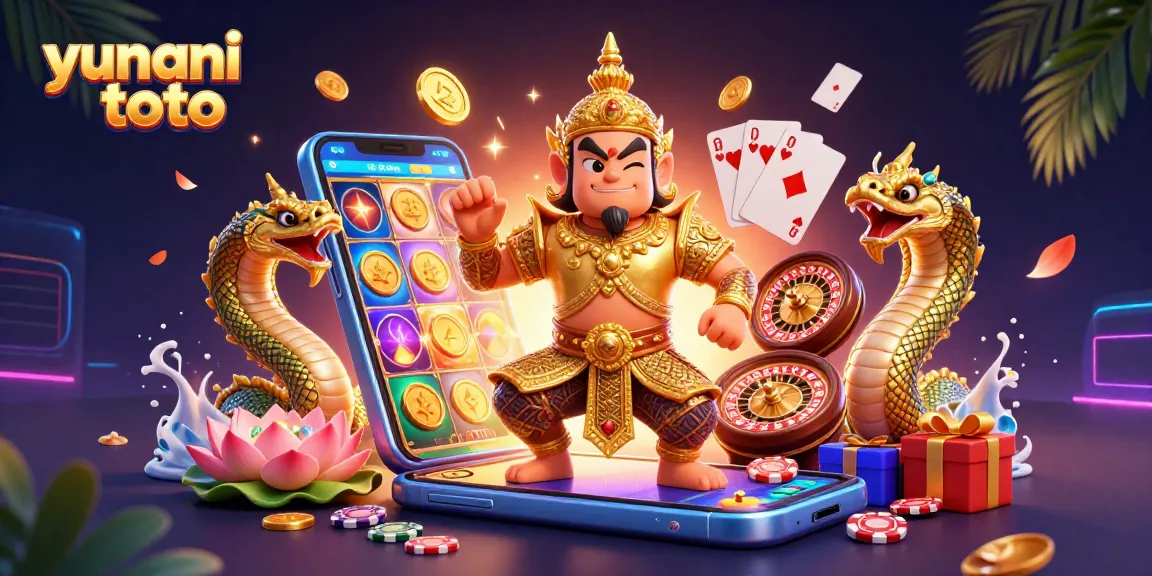 Experience thrilling gaming action at yunani toto with vibrant 3D casino illustration showcasing slots and friendly guardians.