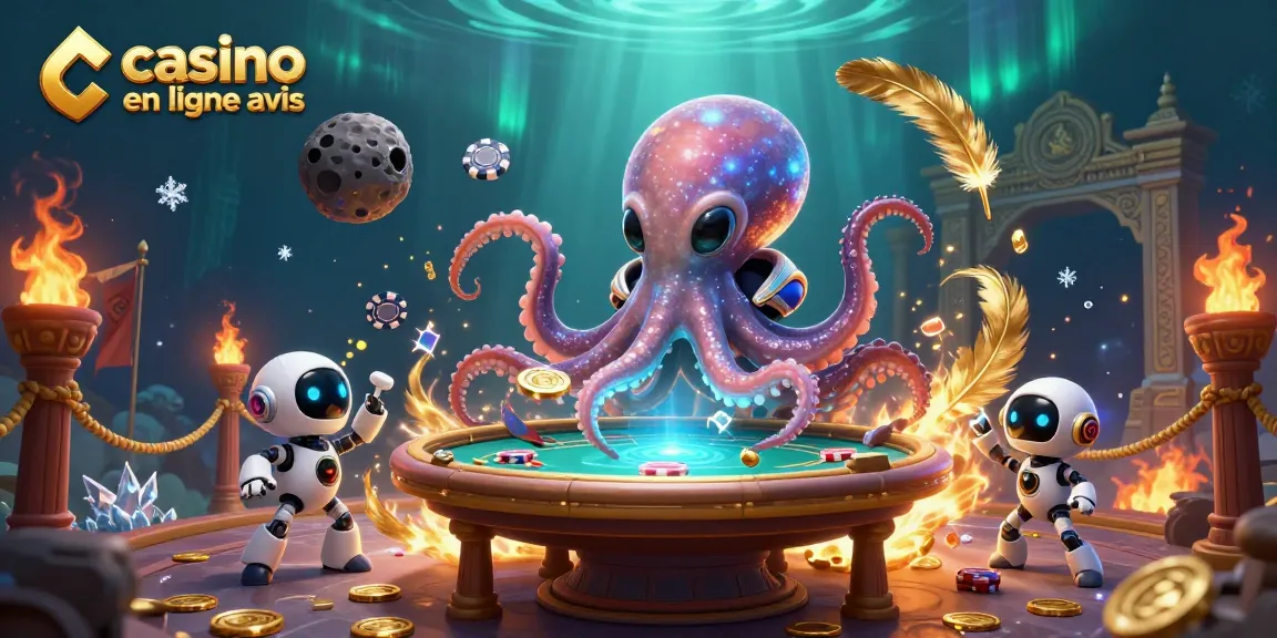 Illustration dynamique de casino en ligne avis avec un octopus extraterrestre jouant au poker sous les aurores boréales.
