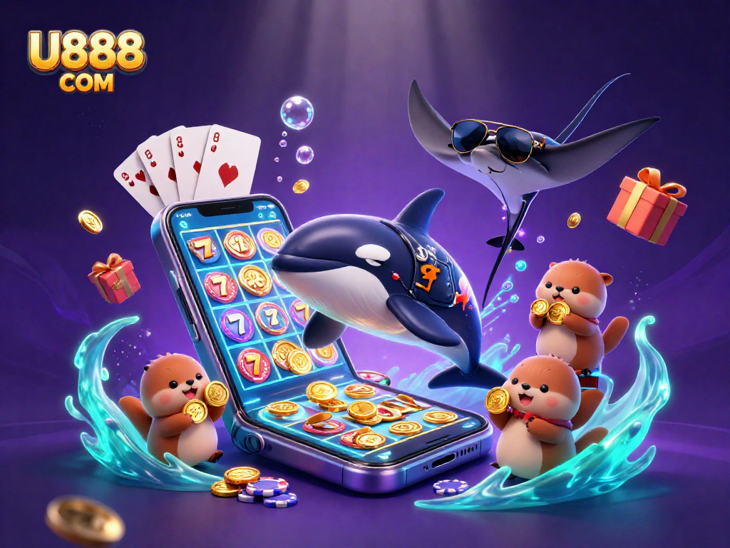Experience exciting wins at U888 COM with vibrant casino characters and games illustration.