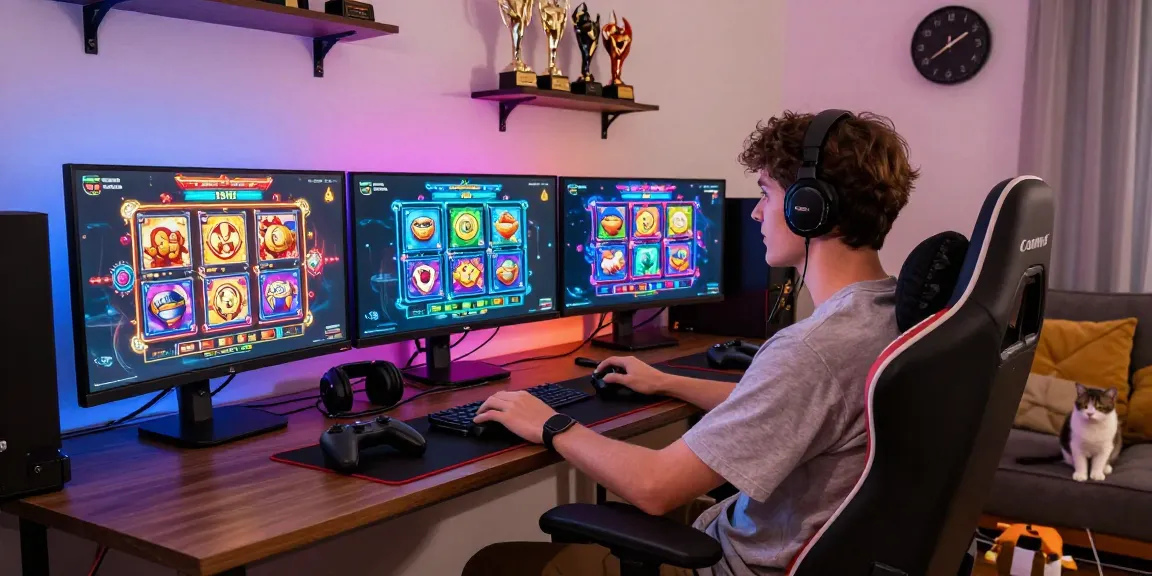 Engaging scene of a gamer enjoying situs slot gacor games in a vibrant living room