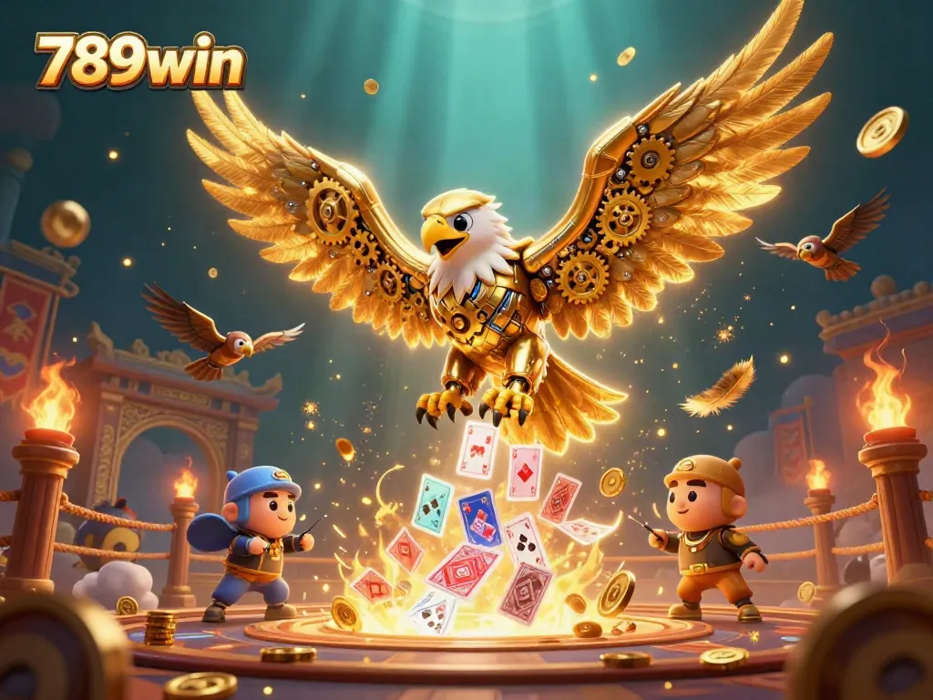 Experience thrilling gameplay at 789win with a stunning 3D illustration showcasing a golden eagle surrounded by casino elements.