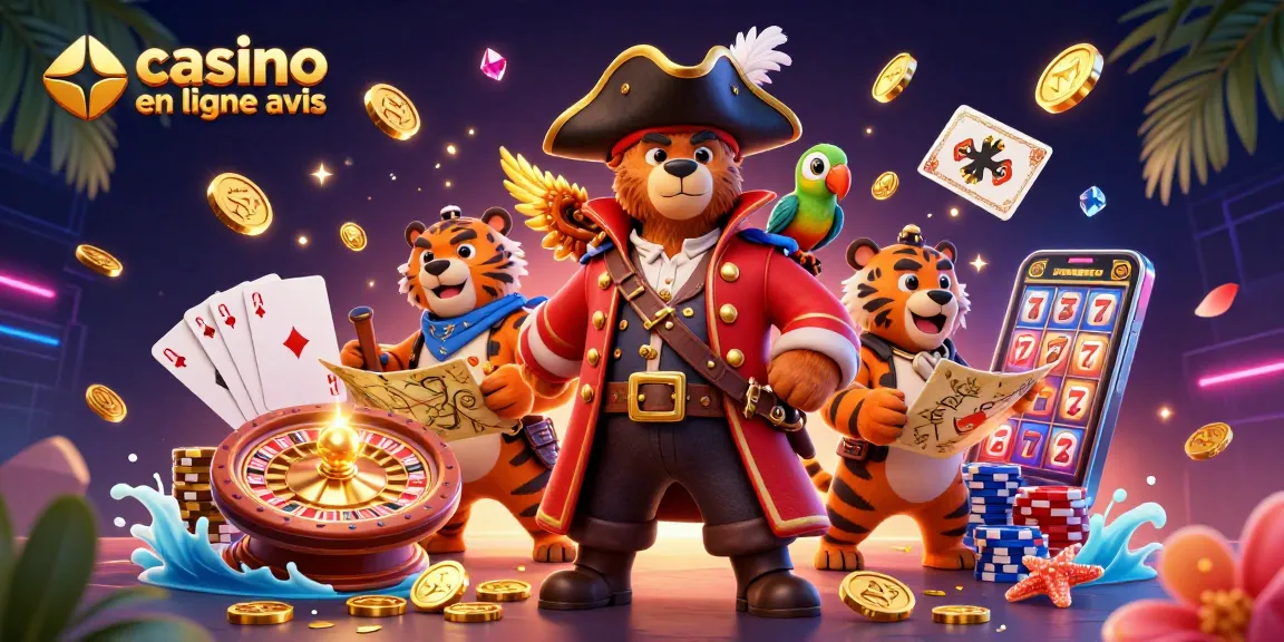Offrir des avis sur les casinos en ligne avec une scène dynamique de pirates et de jeux vidéo.