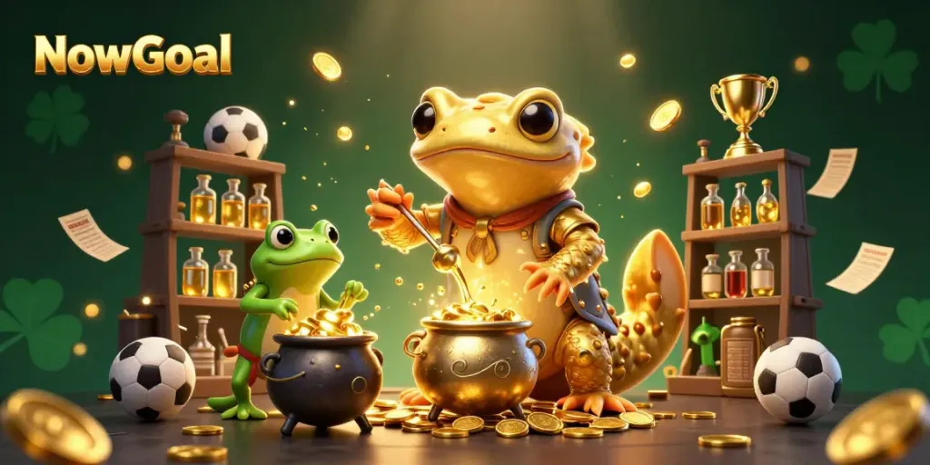 Win big with NowGoal's dynamic sports betting scene, showcasing an alchemist and assistants.