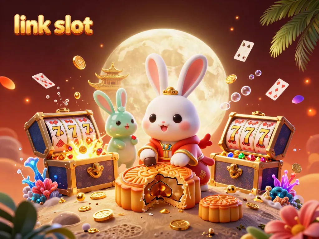 Experience the excitement of link slot with a vibrant 3D moon rabbit and casino elements.