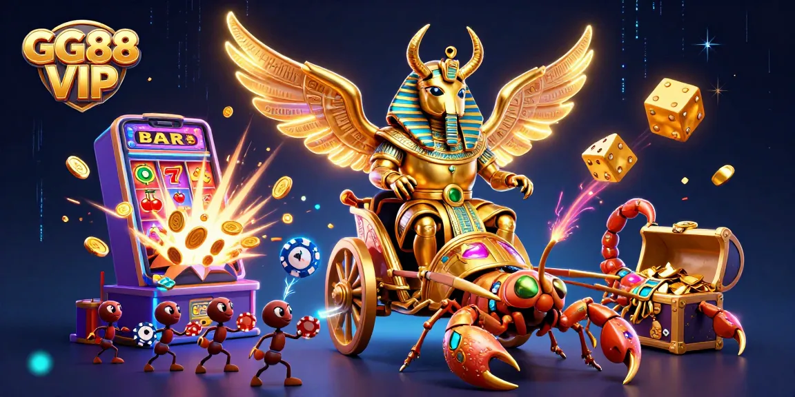 Engage with GG88 VIP for thrilling casino experiences featuring vibrant game elements and a dynamic 3D illustration.