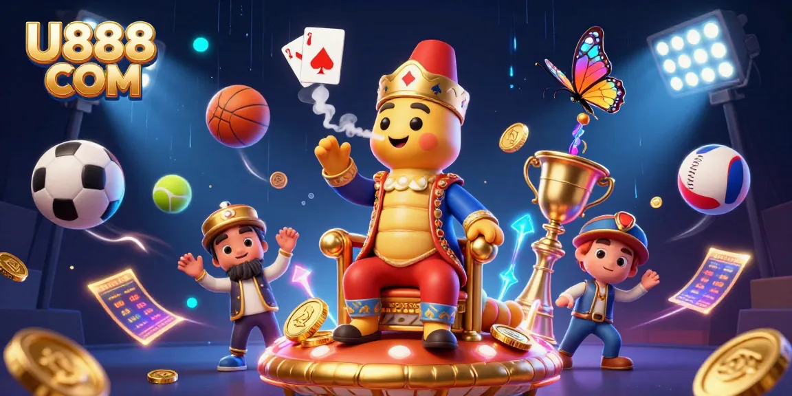 Engage with thrilling sports betting action on U888 COM, featuring a 3D illustration of a lively casino scene.