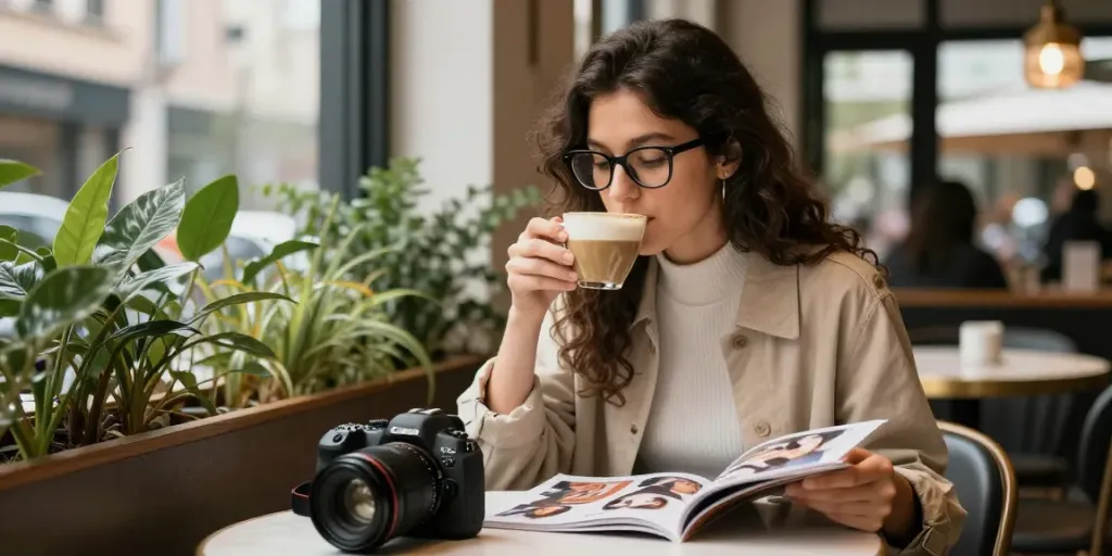 Mulher jovem usando óculos de grau modernos em um café, lendo revista de moda.