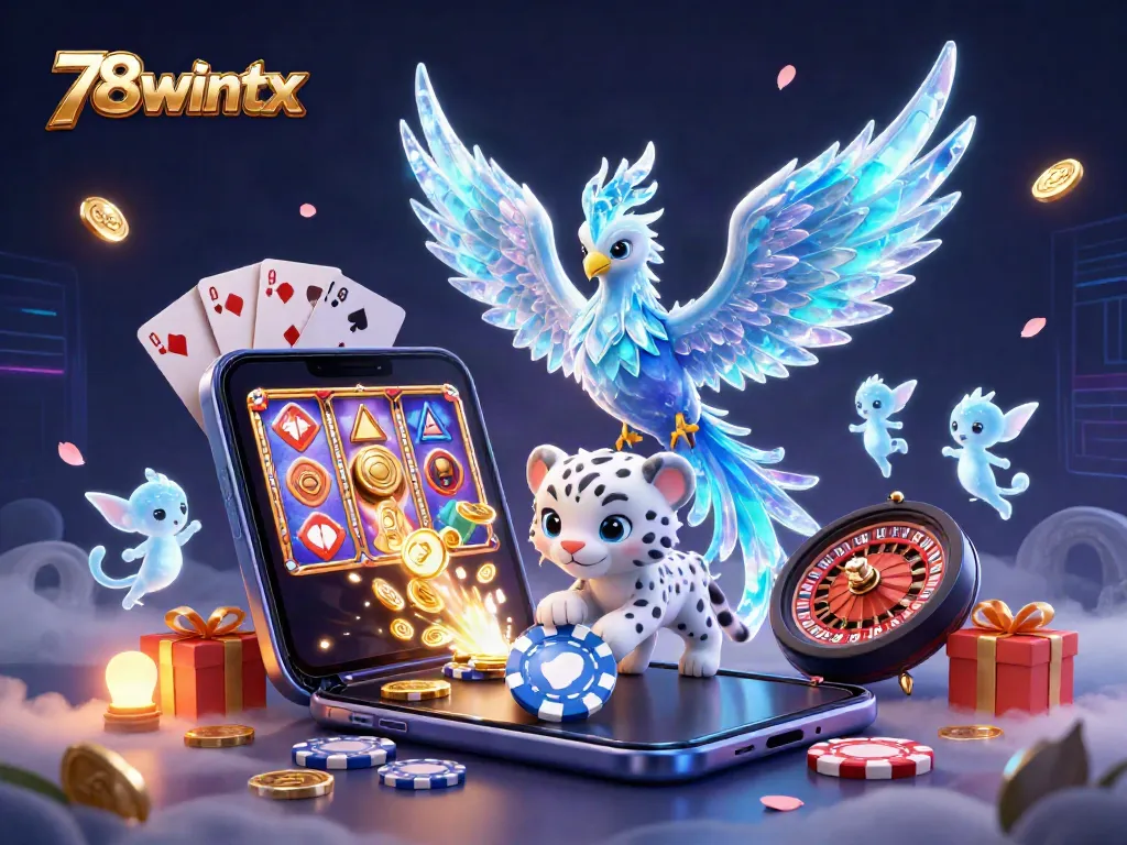 Engage in exciting gaming at 78wintx with a vibrant 3D scene showcasing a dynamic ice phoenix, snow leopard cub, and animated game elements.