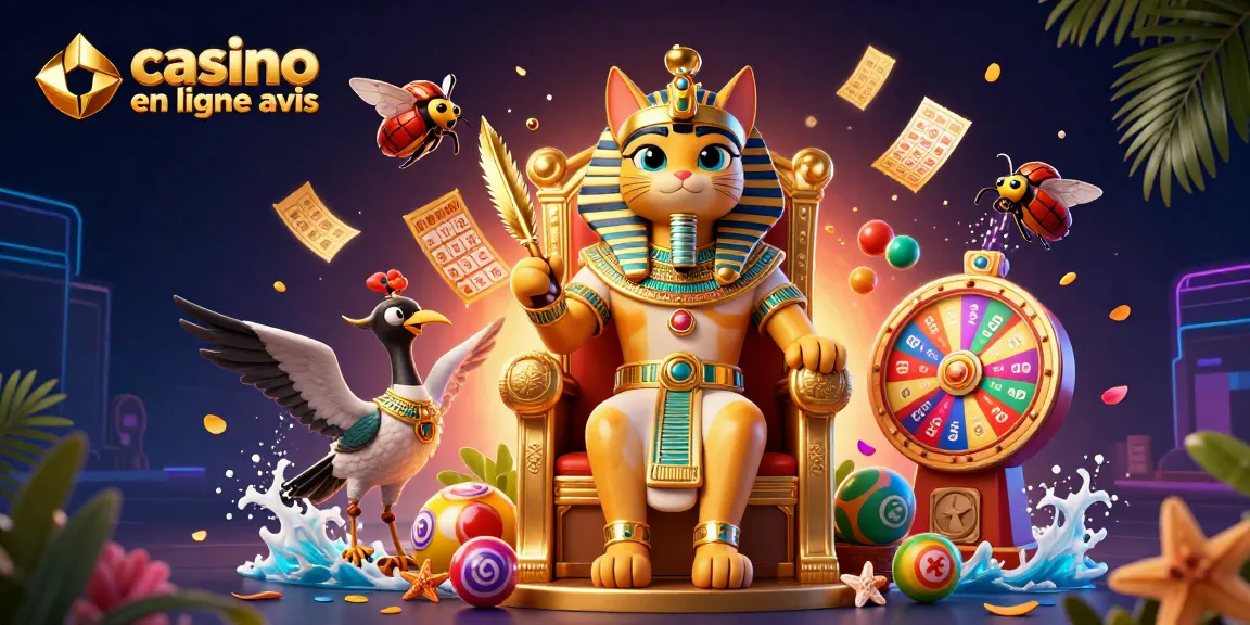 Casino en ligne avis avec un pharaon égyptien en 3D entouré de balles de loterie colorées et d'éléments de bingo.