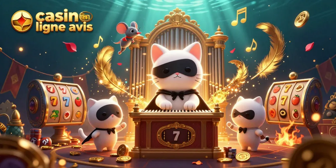 Admirez ce casino en ligne avis illustré par un chat fantôme et un acrobate, rempli de symboles de machines à sous.