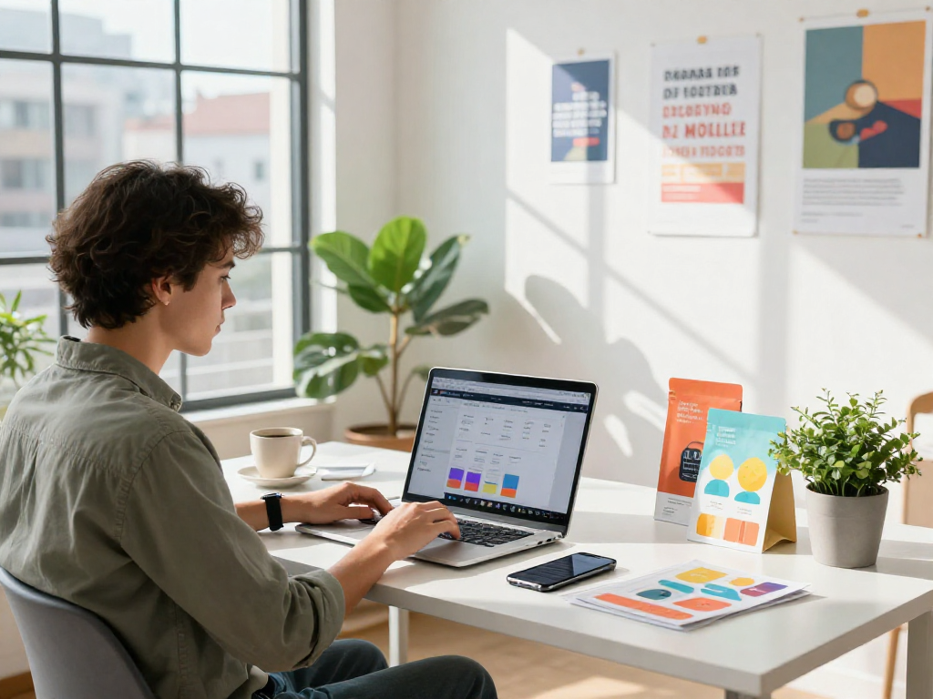 Motchill-inspired e-commerce workspace with entrepreneur managing online store in bright atmosphere.