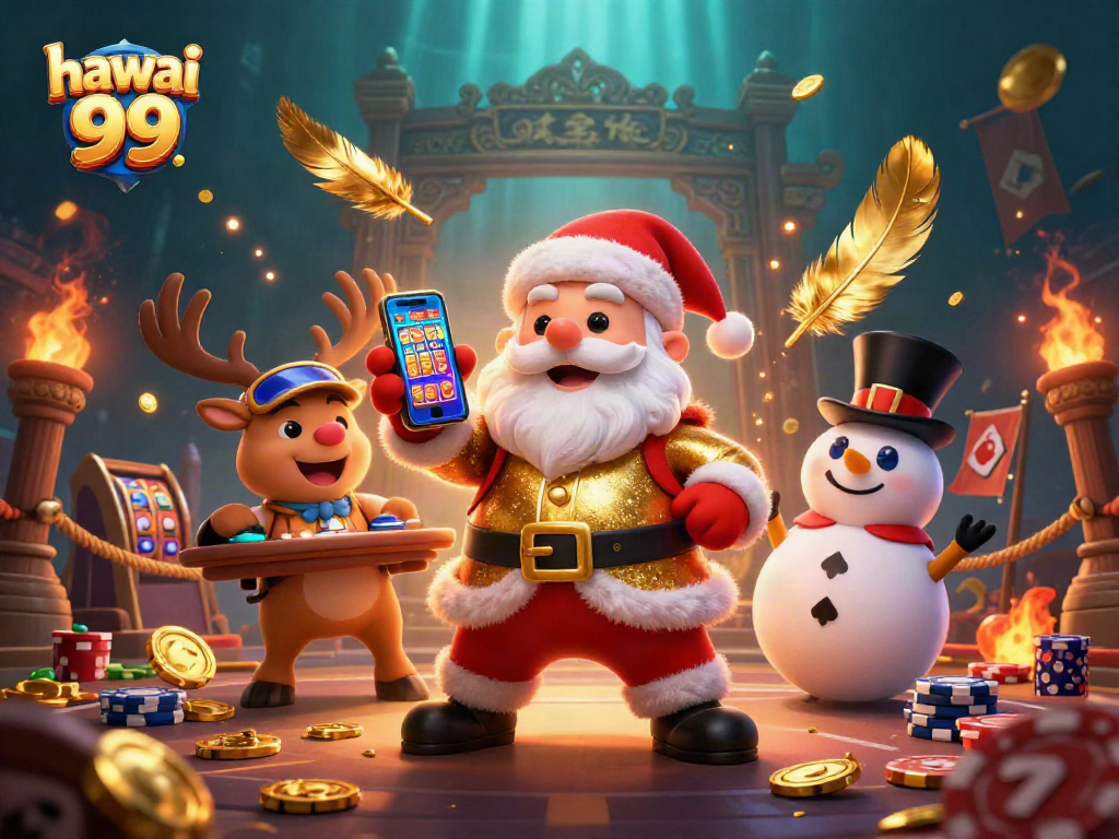 Bet on the jackpot with hawai 99 as Santa and friends celebrate in a vibrant casino scene.