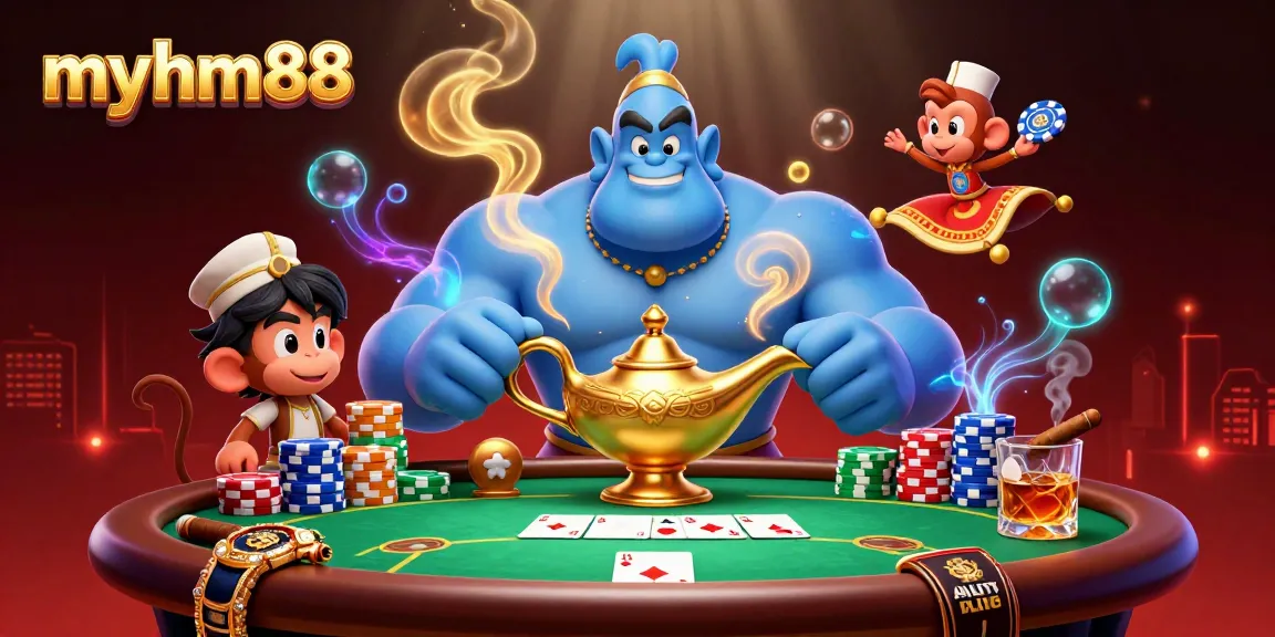 Transform your gaming experience with myhm88 in a rich casino scene filled with vibrant poker elements.