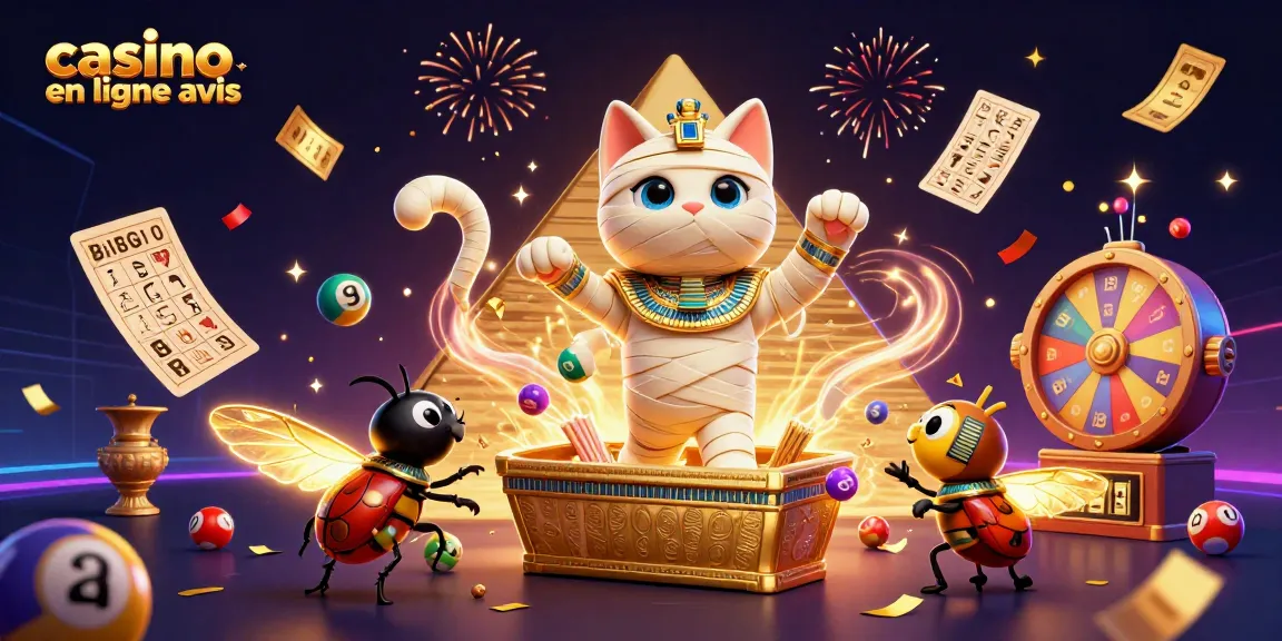 Appréciez casino en ligne avis avec un chat momie cartoonesque émergeant d'un sarcophage doré, entouré de billes de loterie colorées.