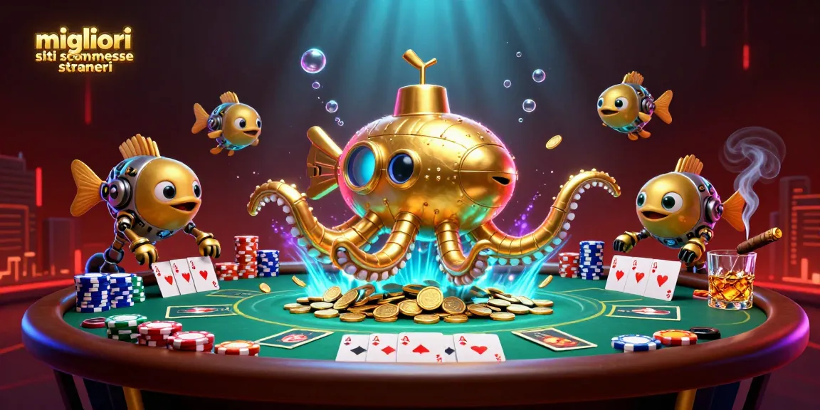 Migliori siti scommesse stranieri in un'illustrazione vivace con kraken e pesci meccanici.