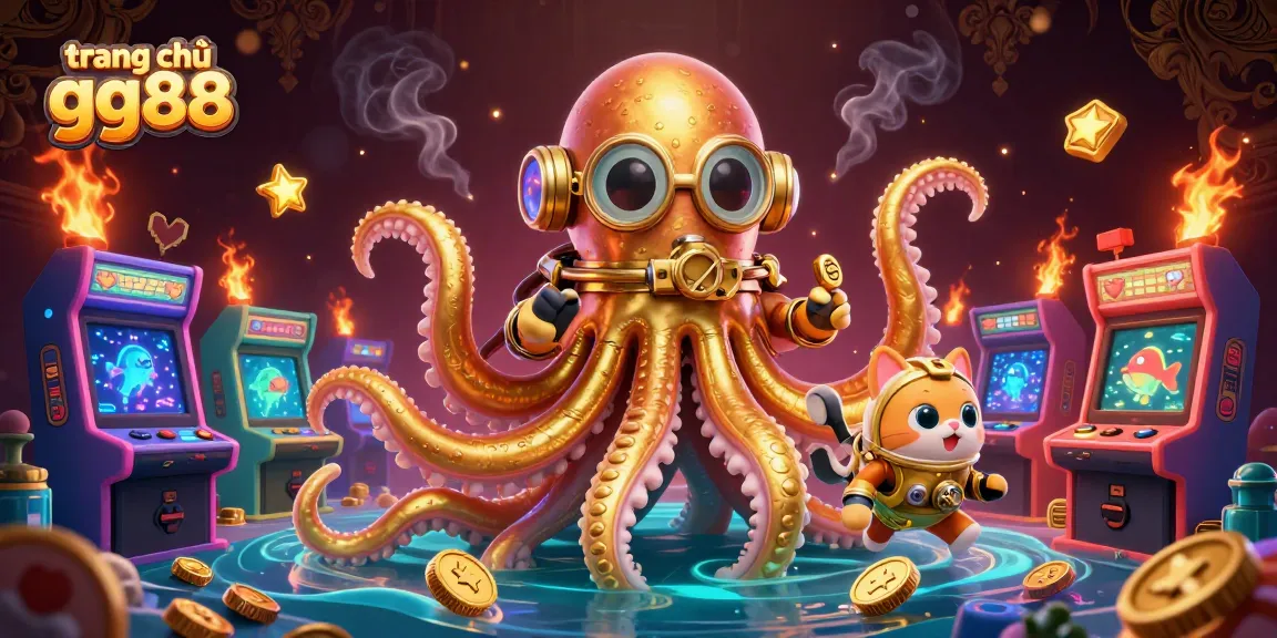 Engage with the colorful universe of trang chủ gg88, where a colossal kraken meets a diving cat amid glowing gaming machines.