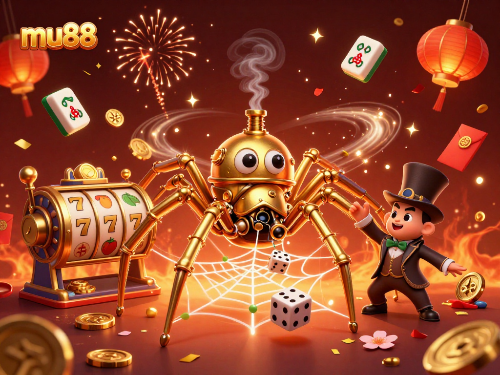 Experience the excitement of mu88 with a vibrant 3D casino scene featuring steampunk elements, slot reels, and festive decorations.