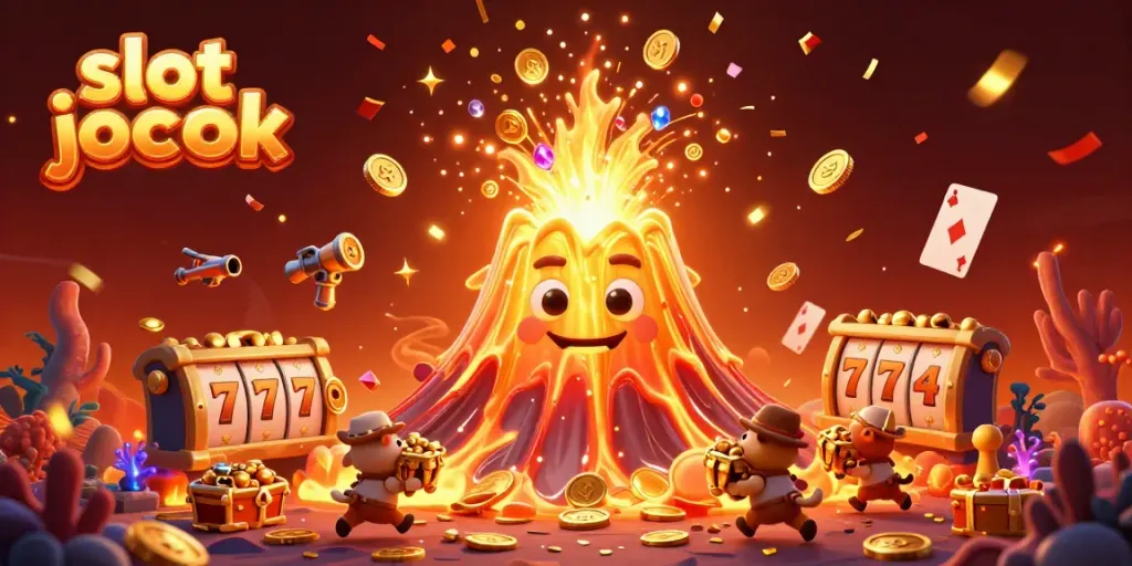 Experience the excitement of slot jackpot winnings as treasure-seeking animals flee the golden volcano eruption.