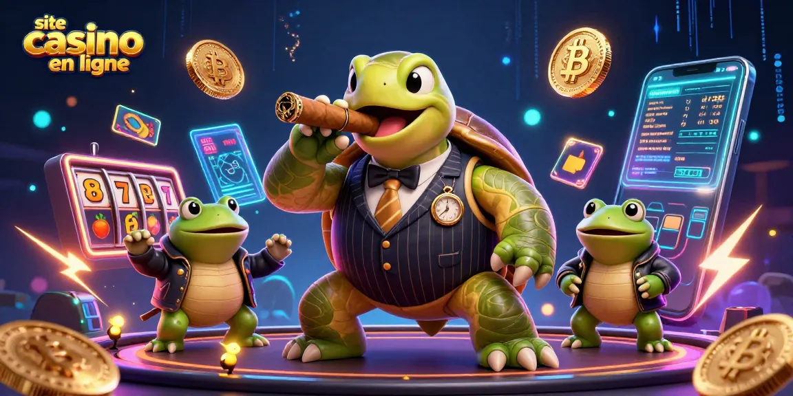 Jouez sur le site casino en ligne avec une illustration dynamique de tortue et de grenouilles.