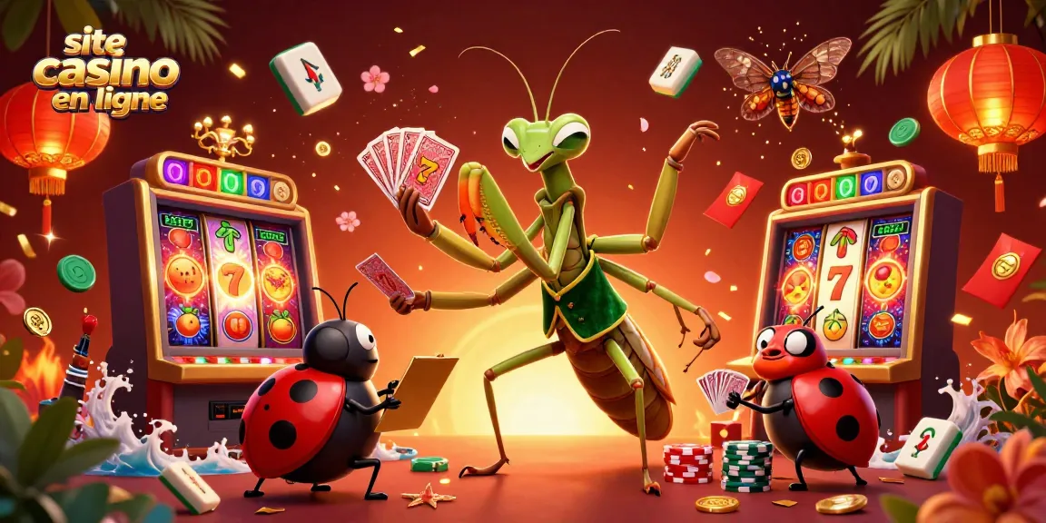 Un site casino en ligne magnifique présentant un caméléon jouant aux cartes entouré de machines à sous et de décorations festives.
