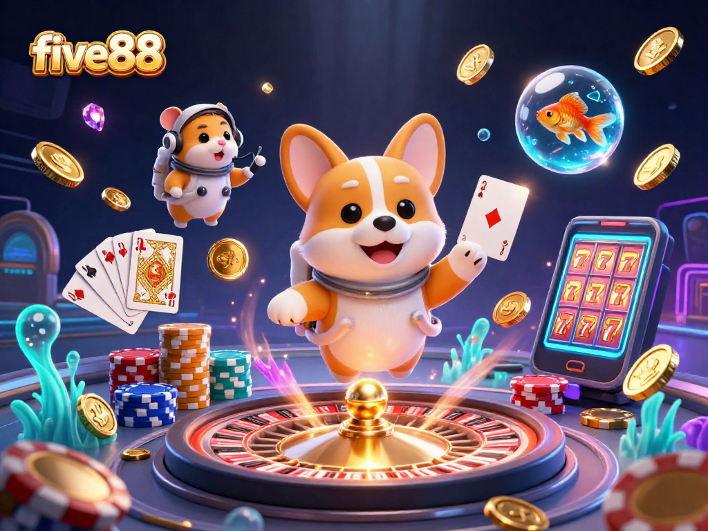 Experience the excitement of five88 with a 3D cartoon illustration of a casino-inspired space adventure filled with floating chips and coins.