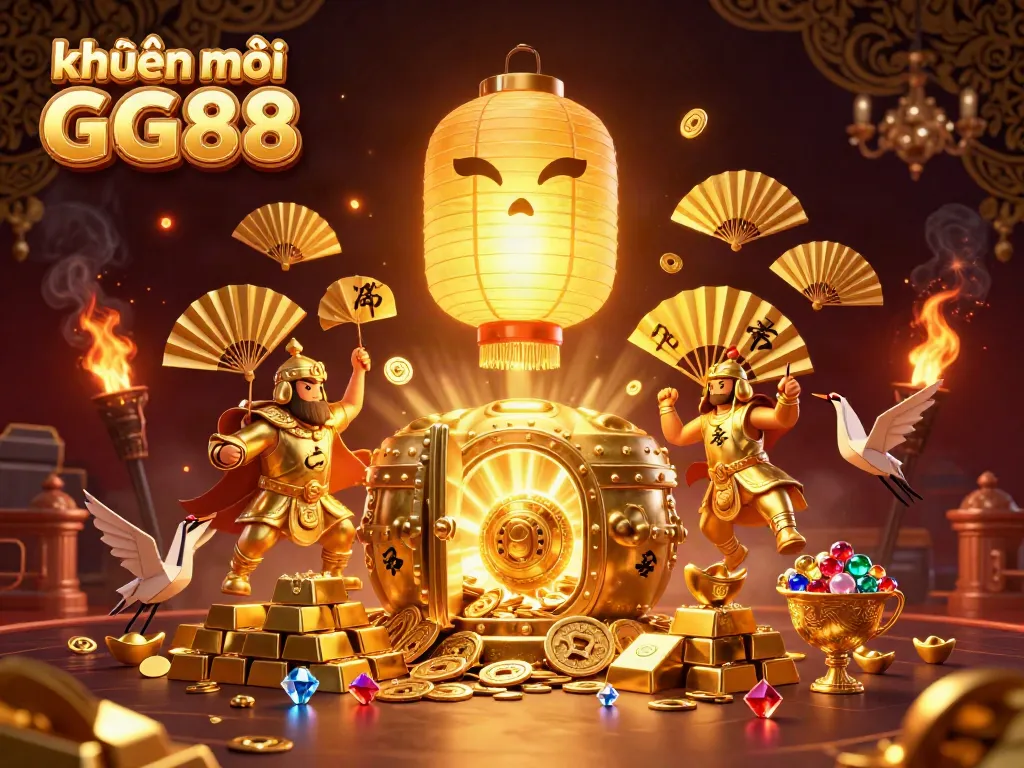 Engage with the khuyến mãi GG88 scene showcasing a golden lantern spirit and treasure elements to enhance your casino experience.