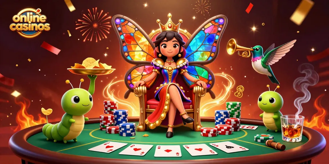 Experience online casinos with a vibrant 3D scene of a butterfly queen and poker elements.