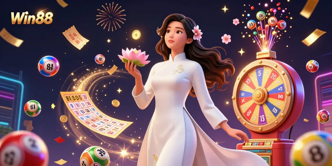Win88 players experience excitement with colorful lottery games and vibrant casino elements.