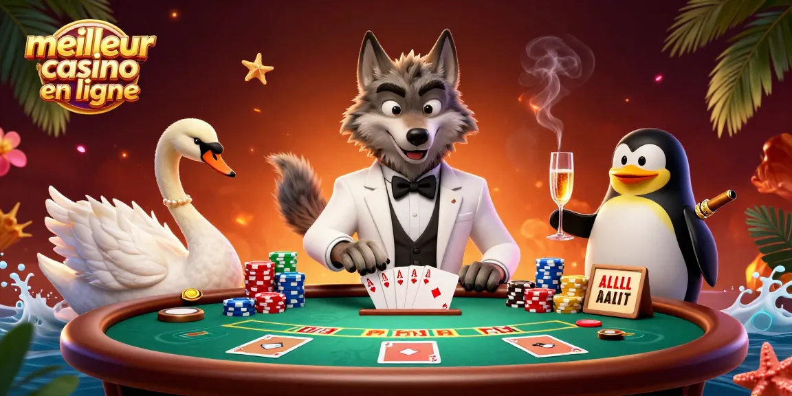 Visitez le meilleur casino en ligne avec un loup élégant, un cygne dealer, et un pingouin sommelier.