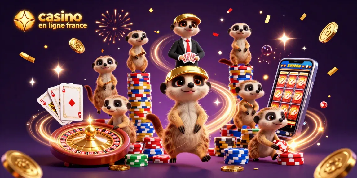 Casino en ligne France : Suricates animés jouant et gagnant avec des jetons et jeux de casino.