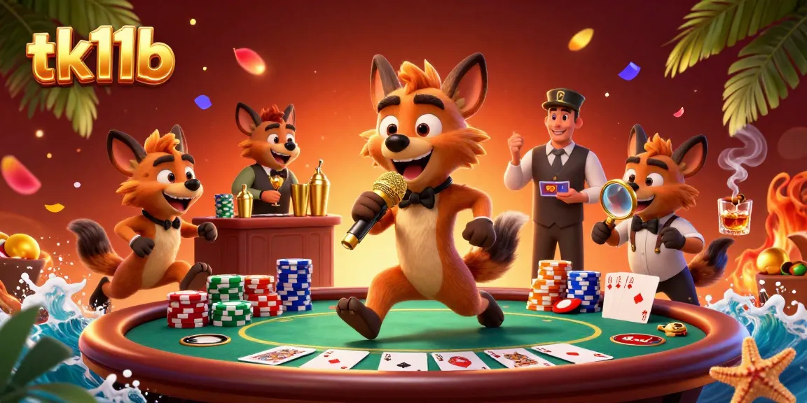 Engage with tk11b’s lively casino atmosphere featuring hyenas as entertainers and game elements.