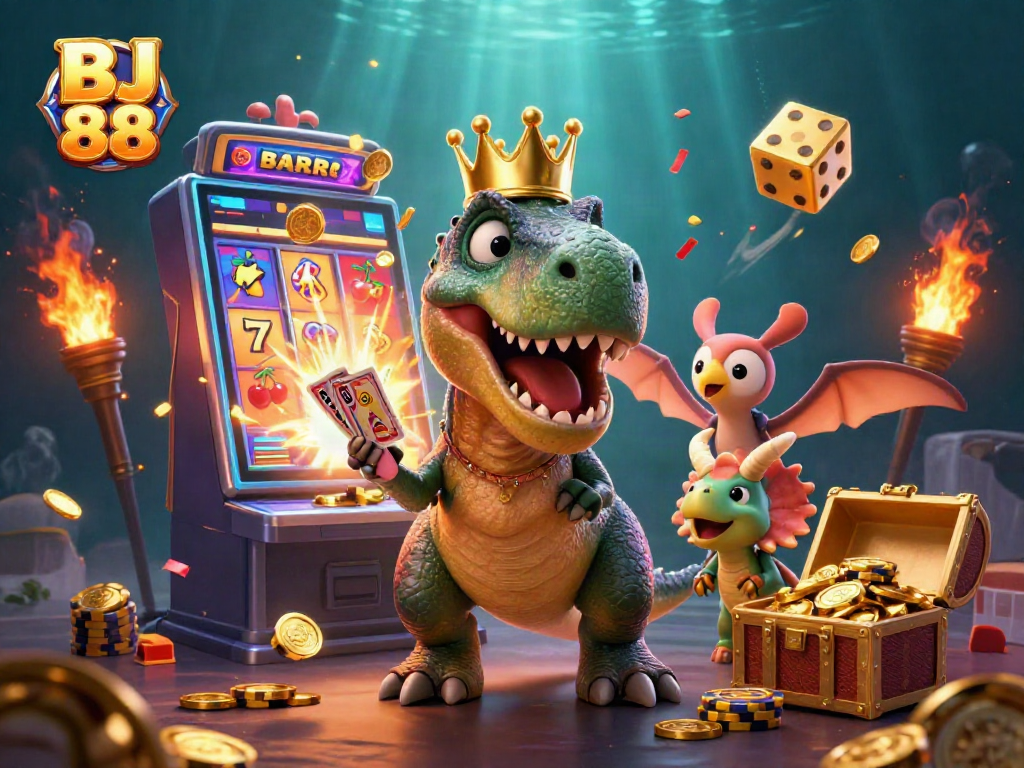 Experience thrilling BJ 88 card shuffling and jackpot excitement in a vibrant 3D casino scene.