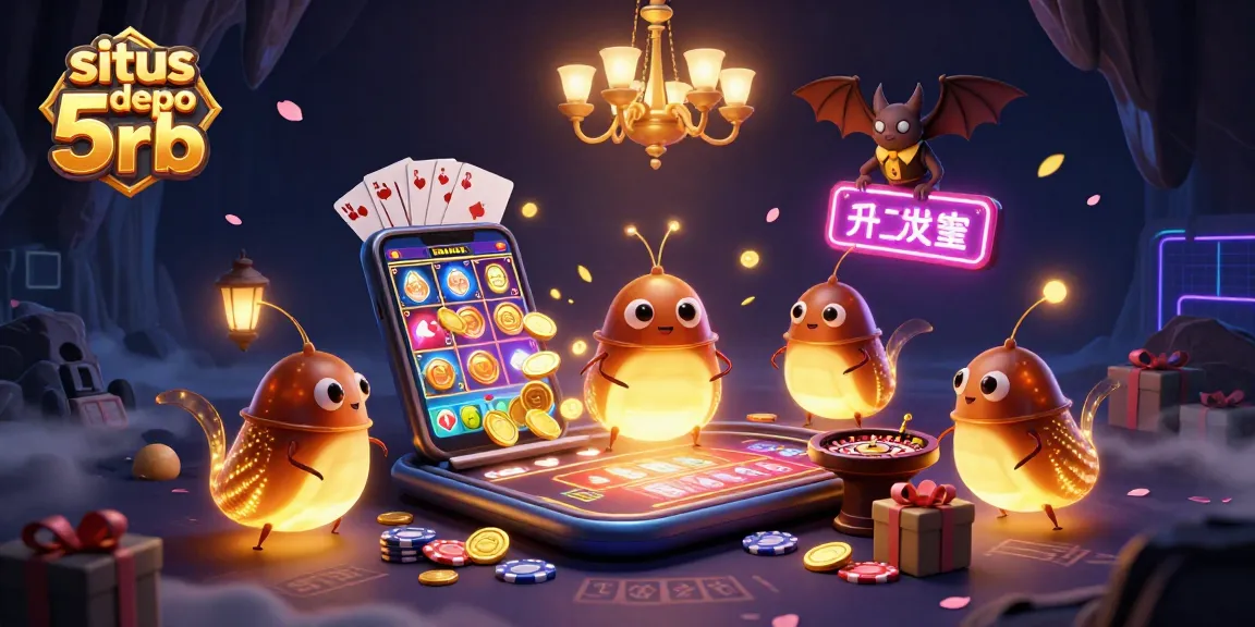 Play exciting slot games on situs depo 5rb with a vibrant 3D casino scene featuring glowing worms and a bat dealer.