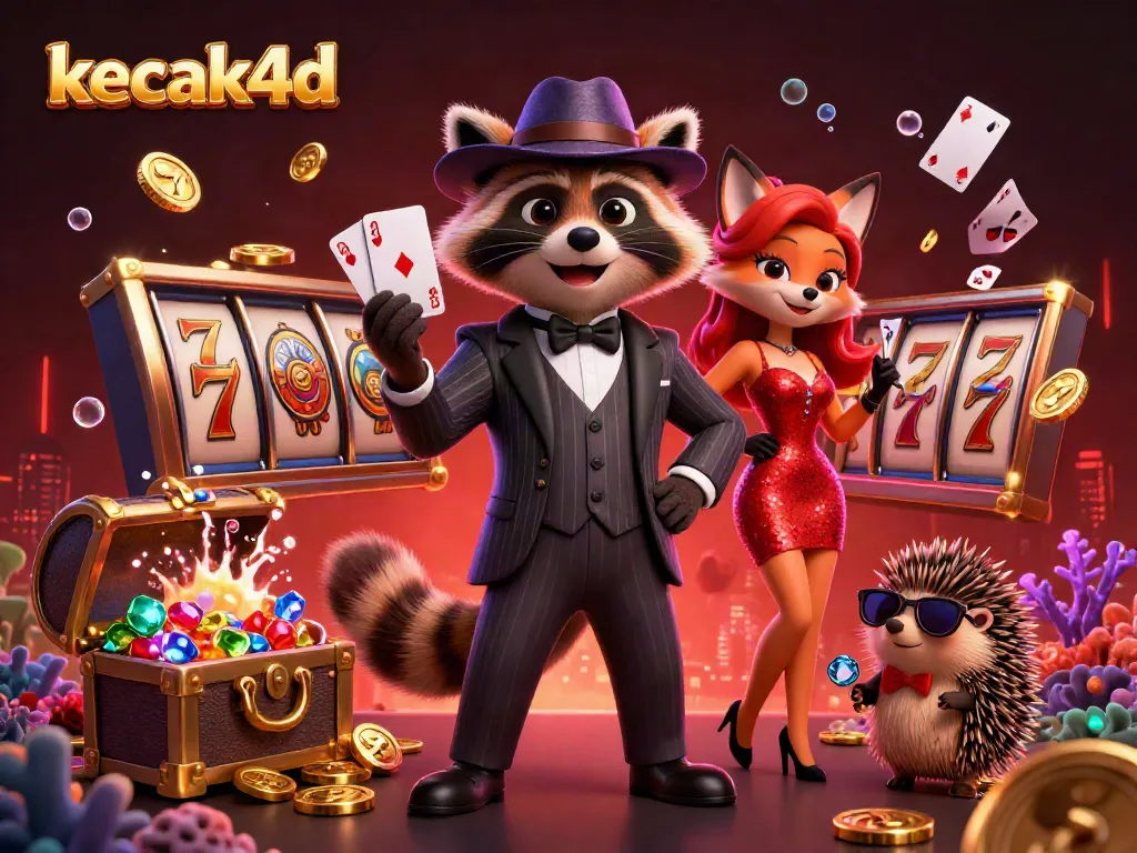 Engage in thrilling slot action with kecak4d, featuring a raccoon, fox, and hedgehog in a vibrant casino scene.