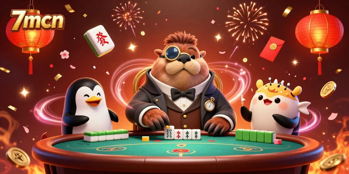 Experience thrilling poker with 7mcn's playful characters in this animated casino scene.