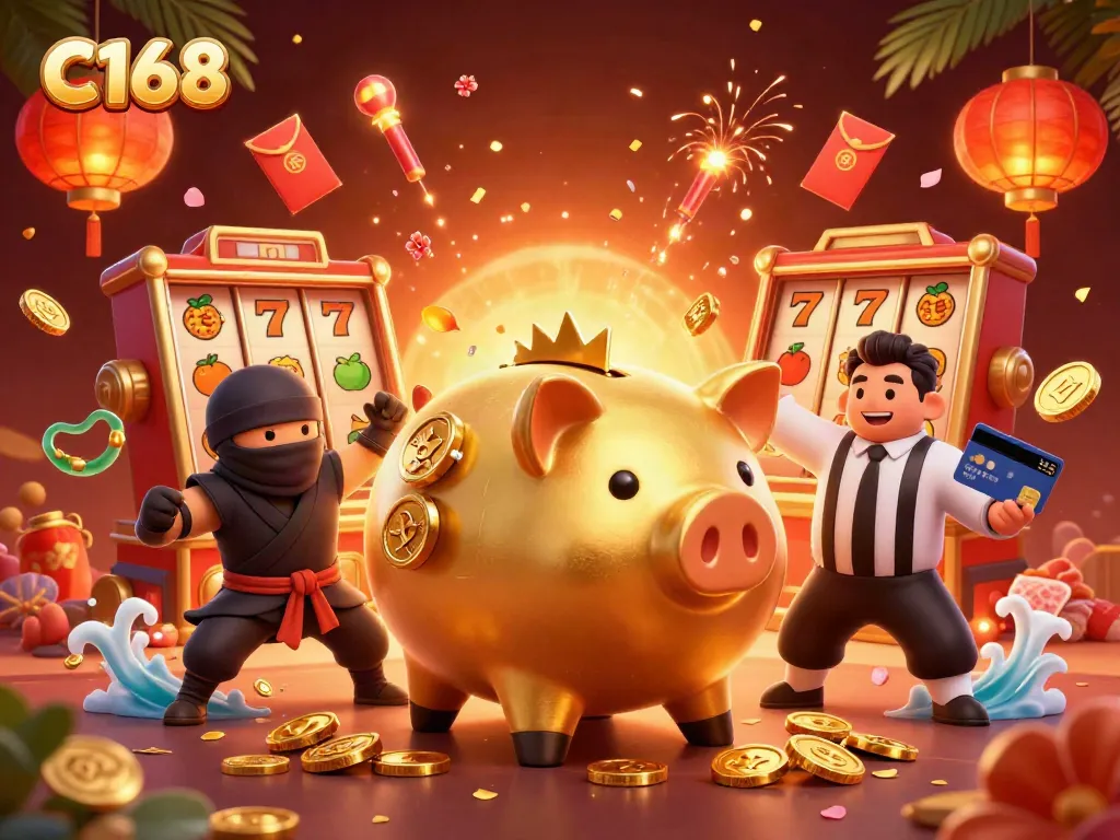 Experience thrilling games at C168 with a dynamic casino scene featuring vibrant characters and slot elements.